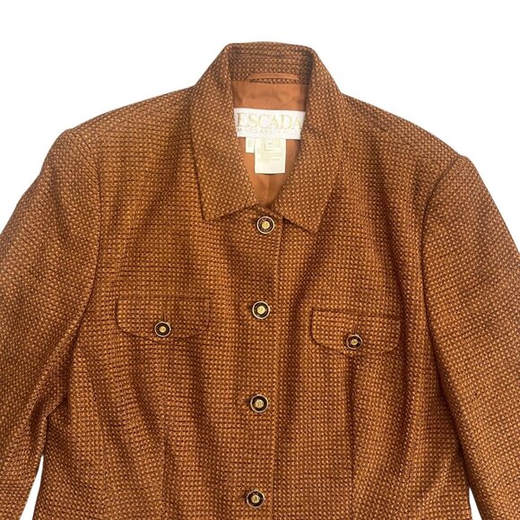 Vintage Escada Margaretha Ley Wool Blend Tweed Blazer Orange Size 14 Gold Button - Picture 5 of 15